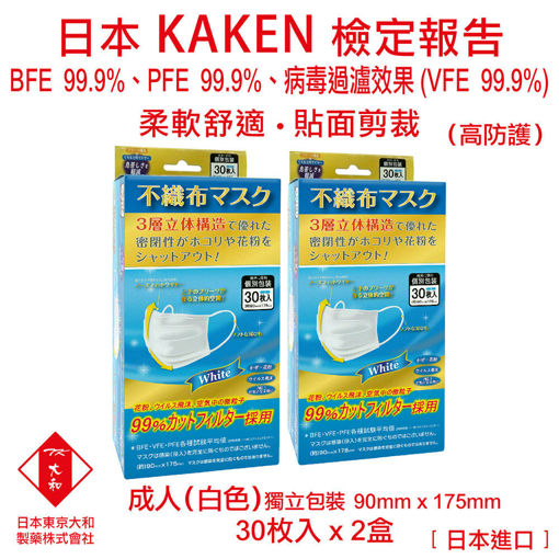 圖片 日本東京大和 - 口罩 成人 醫用口罩 日本進口 BFE+ PFE + VEF 99.9% 三層立體不織布口罩 (白色)(2盒)(30個/盒)