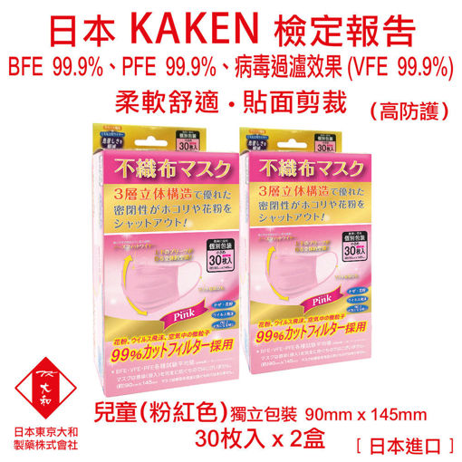 圖片 日本東京大和 - 口罩 兒童 醫用口罩 日本進口 BFE+ PFE + VEF 99.9% 三層立體不織布口罩 (粉紅色)(2盒)(30個/盒)